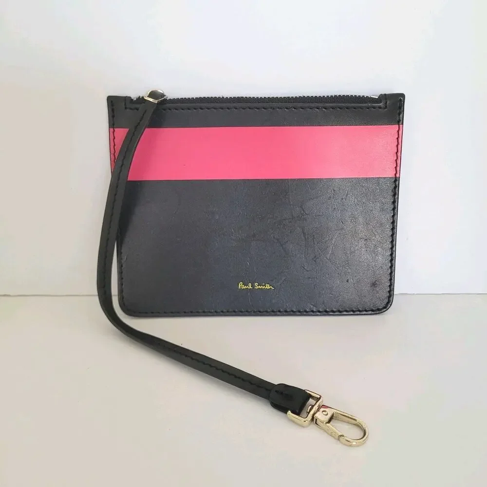 Paul Smith Black Pink‎ Leather Zip Pouch Wristlet Wallet Designer Classic Logo